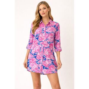 Entro Floral Shirt Dress Pink Blue Button Front Tunic Women S